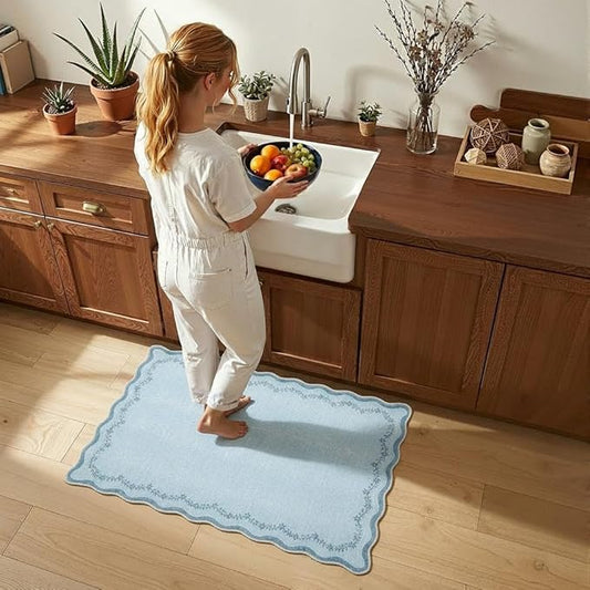 GarveeHome Valentines Scalloped Entryway Rug, 2x3 Solid Blue Washable Front Door Rug Indoor Entrance Floral Carpet Non-Slip Low Pile Throw Rugs for Kitchen, Powder Room, Entry, Bathroom, Kids Room