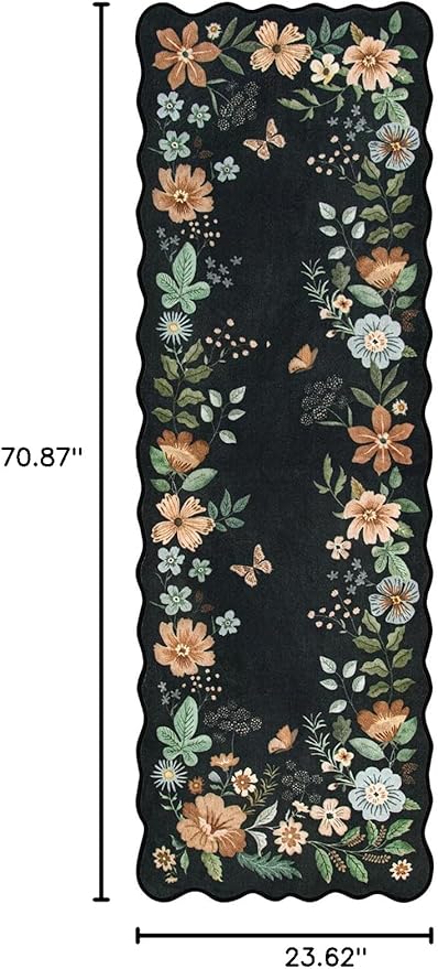 Lahome Floral Kitchen Runner, 2X6 Washable Runner Rug Non Slip Ultra-Thin, Soft Hallway Rug Stain Resistant Boho Small Low-Pile Carpet for Laundry Bathroom Bedroom Flore (2x6ft,Black/Grey)