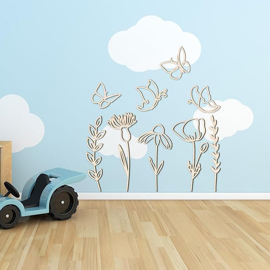 Novabright 9 Pcs Wooden Wildflower Wall Decor Boho Flower Cutout Nursery Decor Floral Sign Decal for Bedroom Living Room