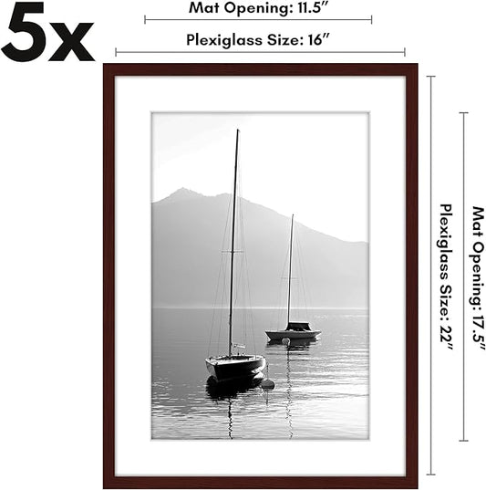 Americanflat 16x22 Picture Frame with Polished Plexiglass - Set of 5 - Use as 12x18 Frame with Mat or Display 16x22 Photo Without Mat - Galleria Collection - Picture Frames for Wall Display - Mahogany