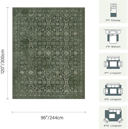 Rugxara 8x10 Area Rugs for Living Room Bedroom, Large Washable Rug, Green Vintage Floral Boho Rug, Non Slip & Low Pile Faux Wool Thin Carpet for Indoor Dining Room and Kids Room(Green 8x10ft)