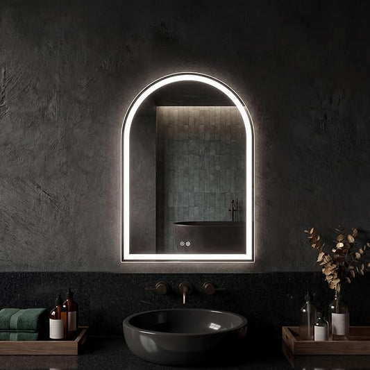 DUMOS 20"×28" LED Bathroom Mirror with Lights, Arched Vanity Mirror with Anti-Fog, Dimmable, 3-Color Light, Memory Function, Front Light and Backlit, Tempered Glass