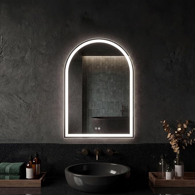 DUMOS 20"×28" LED Bathroom Mirror with Lights, Arched Vanity Mirror with Anti-Fog, Dimmable, 3-Color Light, Memory Function, Front Light and Backlit, Tempered Glass
