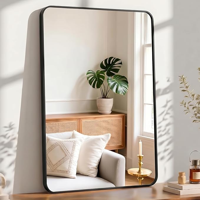 OLIXIS Bathroom Mirror for Over Sink, 48x30 Inch Wall Mount Mirror with Rounded Rectangle and Matte Metal Framed, Modern Wall Vanity Mirror for Home Decor, Living Room, Bedroom, Black