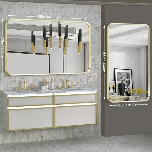 Gold Metal Framed Bathroom Mirror for Wall, Large Brushed Gold Rounded Corner Rectangular Bathroom Vanity Mirror, Anti-Rust, Tempered Glass, Hangs Horizontally or Vertically (30" x 55", Gold)