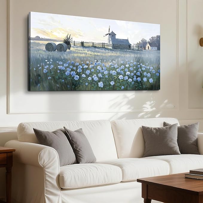Large Framed Rustic Farmhouse Wall Art, Blue Flower Field Windmill Landscape Canvas Print, Modern Nature Country Decor Painting For Living Room Bedroom Bathroom Home Office, Ready To Hang 48X24 Inch