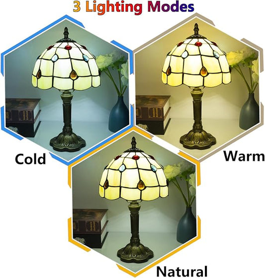 Tiffany Style Table Lamp, 3 Color Temperatures Bedside Lamp, 8 Inch Stained Glass Desk Light for Home Office Bedroom Living Room (Phoenix Tail Pattern)