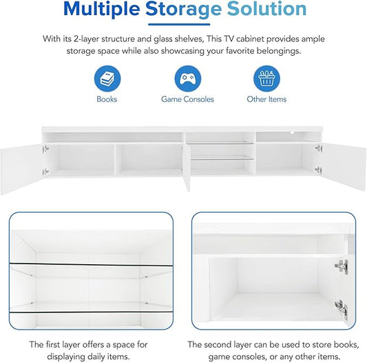 Merax Unique Design TV Stand with 2 Glass Shelves and LED Color Changing Lights, Ample Storage Space Media Console for Television Up to 100", Versatile Cabinet for Living Room, White