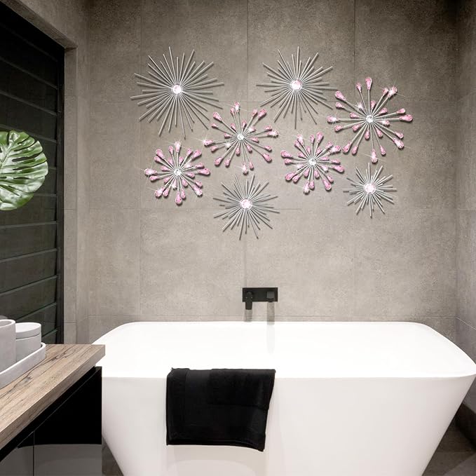 Blulu 8 Pcs Pink Metal Wall Art Cast Iron Starburst Wall Decor Bling Crystal Sculptures Living Room 3D Teardrop Radial Rhinestone Hanging Diamond Accents for Home Office Bedroom Entryway