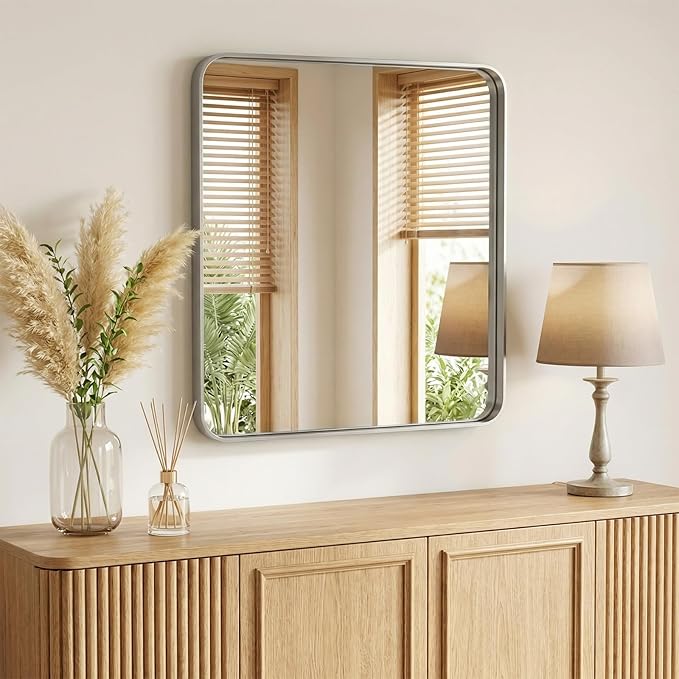 NEWBULIG 28X32 Inch Bathroom Mirror for Over Sink, Wall Vanity Mirrors Tempered Glass, Anti-Rust Metal Framed Rounded Rectangle, Hangs Horizontally or Vertically, Farmhouse Home Decor, Silvery