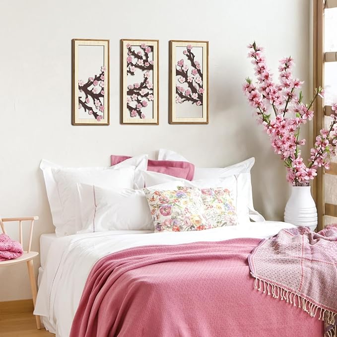 IARTTOP Cherry Blossom Wood Wall Decor Set of 3 Pink Flower Wall Art Japanese Sakura Tree Artwork Farmhouse Minimalist Botanical Print Decor for Living Room Bedroom Framed 7.9 x15.8 Inch