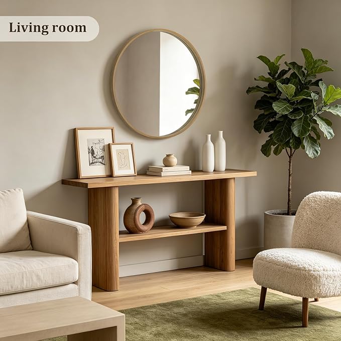 HOMECOOKIN Round Wood Mirror 32 inch Circle Mirror, Rustic Farmhouse Wooden Framed Decorative Wall Decor, Vanity Wall Mirror for Bathroom, Bedroom, Entryway, Living Room (Natural)
