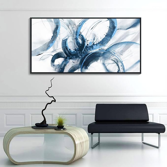AJAZIKO Blue Abstract Canvas Wall Art for Living Room - Large Modern Navy & White Framed Artwork, Extra Large Bedroom Wall Decor, Sophisticated Office Pictures 30×60IN