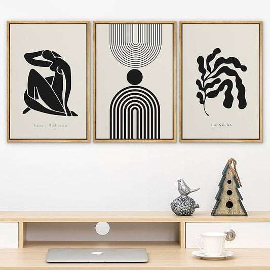 SIGNLEADER Framed Canvas Print Wall Art Set Duotone Matisse Dancer Flower Plant Collage Abstract Shapes Illustrations Modern Art Boho Decorative for Living Room, Bedroom, Office - 24"x36"x3 NATURAL