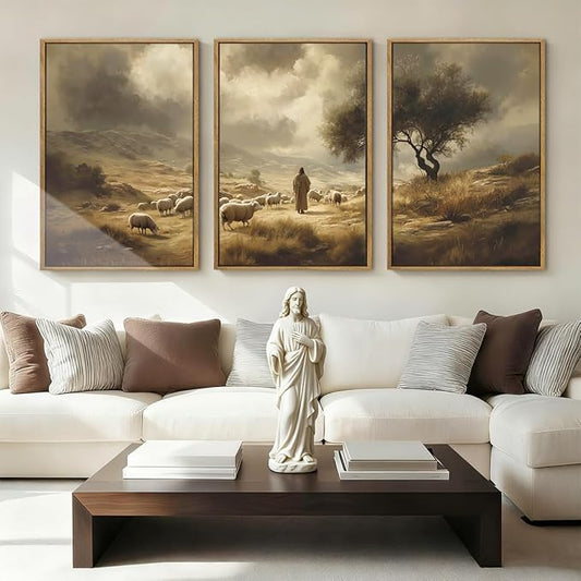 HPNIUB Neutral Jesus Leaves the 99 Sheep Framed Wall Art Set,Easter Lost Lamb Christian Religious Wall Decor, Vintage Inspiring Good Shepherd Artwork for Church Room Christian Faith Gift-24''x36''x3