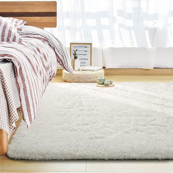 Andecor Soft Fluffy Bedroom Rugs, 4 x 6 Feet Indoor Shaggy Plush Area Rug for Boys Girls Kids Baby College Dorm Living Room Home Decor Floor Carpet, Cream White