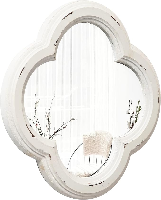 Vintage Small Scalloped Wall Mirror Decorative 8.9 inch, Hanging Distressed White Rustic Quatrefoil Wooden Mirrors for Wall Decor Living Room, Farmhouse Clover Shape Floral Mirror