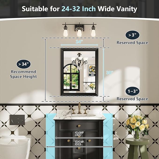 24x30 Inch Black Bathroom Mirror for Wall, Beveled Framed Rectangle Bathroom Vanity Mirrors for Over Sink, Bedroom, Living Room, Entryway, Anti-Rust, HD Tempered Glass, Horizontally/Vertically