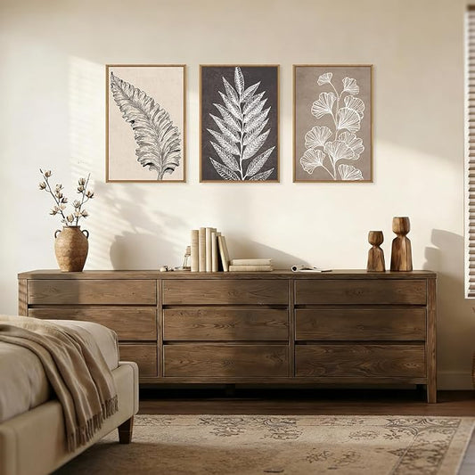 HOURIA Abstract Boho Fern Leaf Floral Framed Canvas Wall Art Set,Vintage Botanical Leaves Wildflower Decor,Modern Minimalist Nature Inspired Beige & Brown Artwork for Living Room,Farmhouse-24 x36 x3