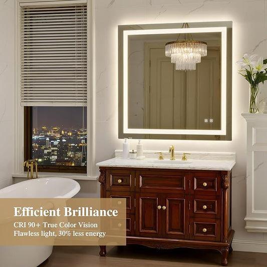 36X36 Inch LED Bathroom Mirror with Lights, Frontlit+ Backlit Bathroom Vanity Mirror for Wall, Ultra-Clear Tempered Glass, Shatter-Proof, Anti-Fog and Memory Function, ETL Listed