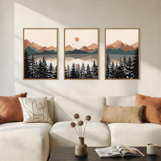 KAIRNE Vintage Mountain Lake Framed Canvas Wall Art Set, Mid Century Forest Wall Decor, Nature Pine Tree Art Prints, Modern Boho Sunset Artwork for Living Room,Bedroom,Farmhouse,Office-16 x24 x3