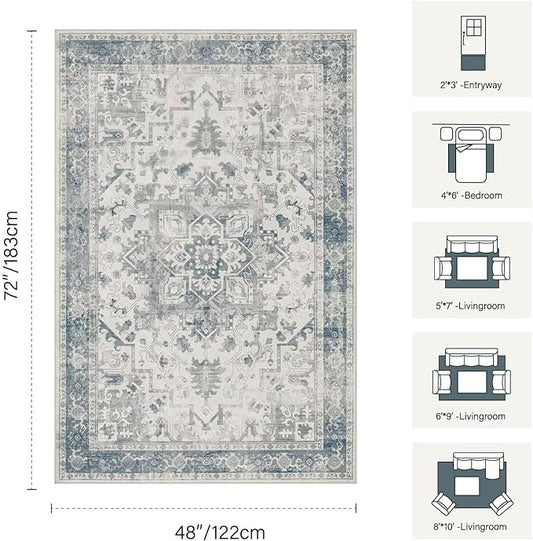 Rugxara Washable Area Rug for Living Room, Neutral Vintage Boho Rugs for Office, Dining Room, Kids Room, Farmhouse, Durable Low Pile Non Slip Carpet for High Traffic Areas, Light Blue Grey(4x6 ft)