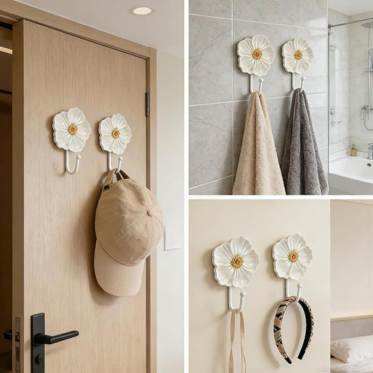 Guichifun Flower Coat Hooks Wall Decor - 2pcs Resin White Decorative Wall Hooks for Hanging Clothes Coats Towels Keys Bags Hats Bathroom Home Decoration Gift 4.3 x 2.2 x 6 Inch