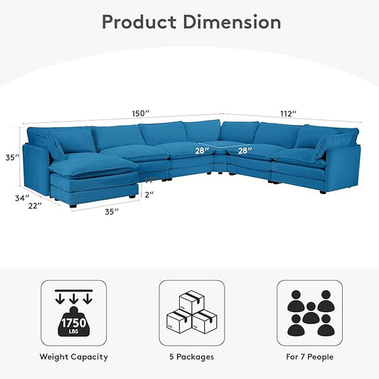 ROWHY 150'' Cloud Modular Sectional Sofa, 7 Seater Sectional Sofa Corduroy Oversized L Shaped Couch with 4 Pillows, Movable Ottoman, Deep Seat Sectional Couches for Living Room Office Bedroom, Blue