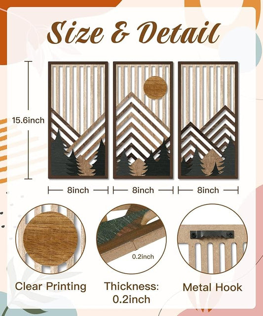 Putuo Decor Boho Mountain Wall Art Set of 3, Rustic Wooden Wall Decor, Nature-Inspired Geometric Artwork, Mid-Century Modern Aesthetic for Living Room, Bedroom, Office Brown 16.5 x 8.6 inch