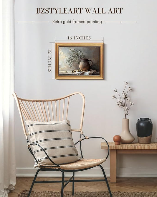 Bzstyleart Vintage Wall Art Decor, Gold Framed Wall Art 12 x 16 Inch Pottery Jar Olive Branch for Office, Canvas Picture Print Painting for Bedroom Living Bathroom Dorm