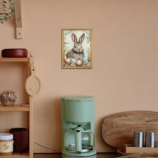 Easter Bunny Wall Art, Vintage Rabbit Canvas Wall Decor, Easter Eggs Poster Print Picture, Spring Farmhouse Animal Painting for Living Room Bedroom Kitchen Holiday Home Decor 8x10 Inch Wood Framed