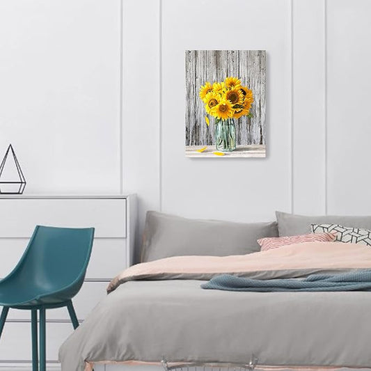 Canvas Sunflower Wall Art - Modern Yellow Flower Pictures for Bedroom, Bathroom, Office & Home Decor - Framed Artwork Size 12x16