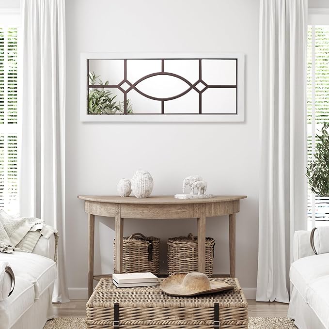 Farmhouse Mirror for Wall Decor: 43.3" x 17.7" Large Rustic Windowpane Mirrors with Wooden Frame- Decorative Entryway Mirror for Living Room/Bedroom/Hallway/Fireplace
