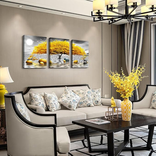 Wall decorations for living room Canvas Wall Art for bedroom Abstract wall decor Black and white Canvas Art Yellow tree paintings bathroom Home Decoration 3 Piece Hang Pictures Office Wall Artworks