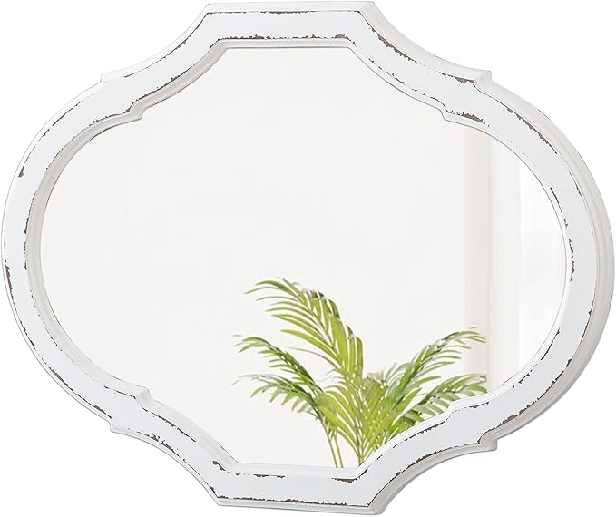 Vintage Oval Bathroom Mirror 22 X 30 Inch, Hanging Distressed White Rustic Scalloped Decorative Wall Mirrors, Unique Wood Mirrors for Wall Decor Living Room Entryway, Horizontal or Vertical