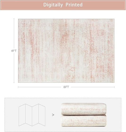 Srugn Washable Rugs 4x6 Area Rugs for Living Room,Bedroom,Kids Room,Nursery- Soft Faux Wool Small Carpets,Non Slip&Non-Shedding Low Pile Vintage Print Rugs for Enterway,Home Office Decor-Pink White
