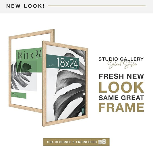 MCS Studio Gallery 18x24 Poster Frame Natural Woodgrain Engineered Wood, Vertical & Horizontal Wall Hanging Large Picture Frame for Photos, Posters & Art Prints (2-Pack)