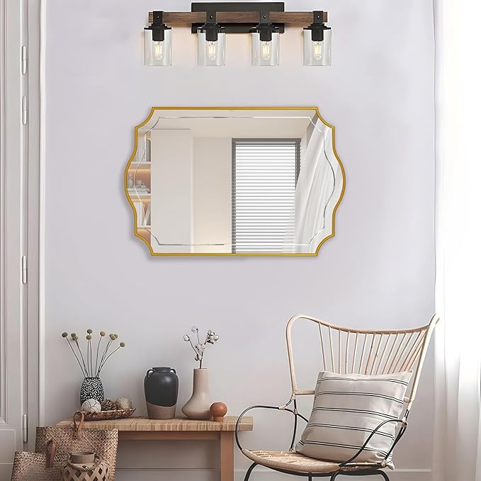 POZINO Gold Scalloped Mirror, 24"x36" Modern Rectangle Aesthetic Mirror with Wood Frame, Irregular Wavy Mirrors for Bathroom Living Room Bedroom Entryway Hallway, Hangs Vertically or Horizontally