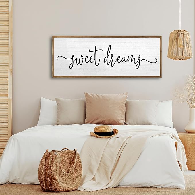 Sweet Dreams Wall Decor Above Bed Sign 32''×12'' Large Wood Framed Master Bedroom Guest Room Sweet Dreams Signs Farmhouse Rustic Wall Art Decoration (Wood)