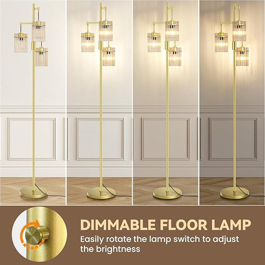 Farmhouse Glod Modern Floor Lamps for Living Room, Dimmable Glass Tree Standing Tall Lamps with 3 Elegant Teardrop Cage Head & 800 Lumens LED Bulbs for Bedroom Office (65inch Tall)