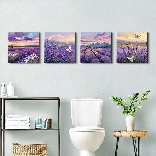Purple Lavender Wall Art Bedroom Wall Decor Abstract Butterfly Scenery Pictures for Living Room Watercolor Sunset Forest Paintings Canvas Prints Mountain Posters Artwork Home Decoration 12x12” 4Pcs