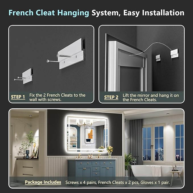 55x36 LED Bathroom Mirror with Lights, Backlit and Front Lit Anti-Fog Lighted Vanity Mirrors for Bathroom Wall, Dimmable, 3-Color Light, Memory, Shatter-Proof, HD Tempered Glass, CRIļ¼90