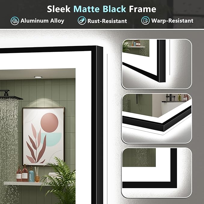 48x40 Black Framed LED Bathroom Mirror with Lights, Backlit and Front Lit Anti-Fog Lighted Vanity Mirrors for Bathroom Wall, Dimmable, 3 Colors, Memory, HD Tempered Glass, Horizontal/Vertical