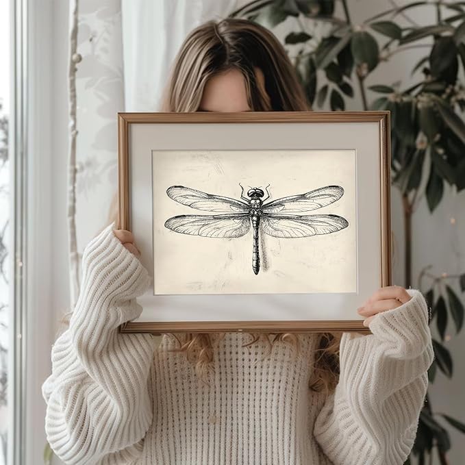 uniro Vintage Dragonfly Sketch Wall Art Prints Farmhouse Decor Neutral Insect Animal Wall Decor, Antique Dragonfly Sketch Drawing Canvas Oil Painting Vintage Artwork Pictures for Bedroom Living Room Decor (8" x 10"-UNFRAMED)