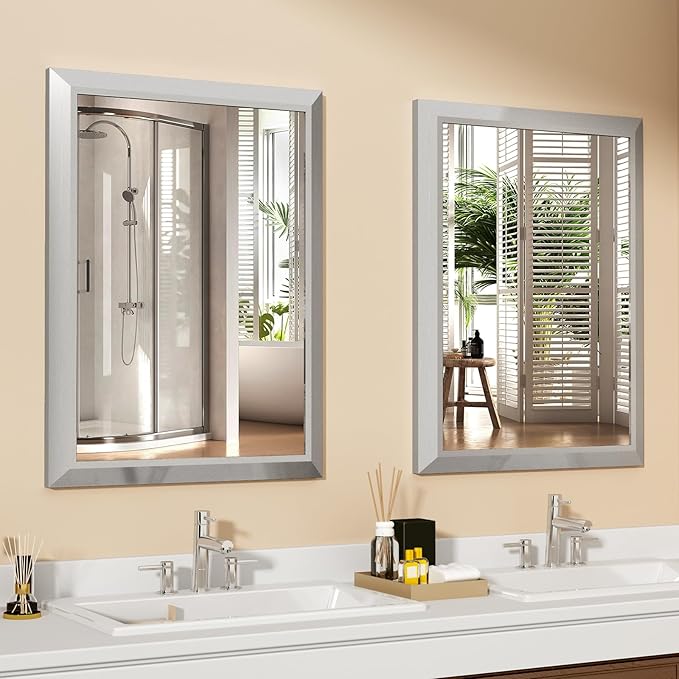 SMIROR Brushed Silver Bathroom Mirror for Over Sink, 24”x 28” Metal Thick Framed Rectangle Vanity Mirror for Wall, Right Angle Corner, Anti-Rust, Horizontally or Vertically Mounted