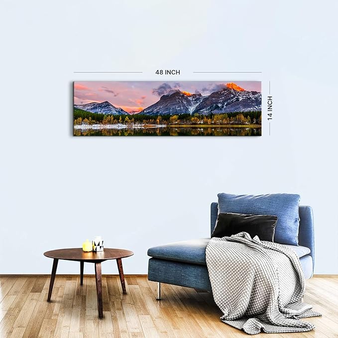 Sunset Landscape Canvas Wall Art for Living Room Wall Decor Snow Mountain Forest River Nature National Park Scenery Picture Prints Framed Artwork for Bedroom Bathroom Office Home Decoration 14x48"