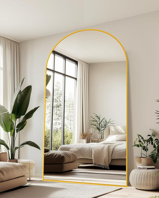 46"×90" Arched Full Length Floor Mirror, Standing Mirror with Aluminum Frame, Large Body Mirror of Free Standing/Wall Mount/Leaning for Bedroom, Living Room, Dressing Room, Gold