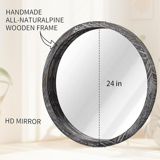 JJUUYOU Round Wall Mirror Circular Wooden Hanging Mirror for Bathroom Large Circle Black Mirror for Decor Wall Mounted Mirror for Farmhouse Living Room Bedroom 24Inch