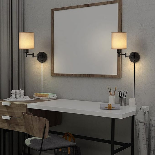 CADUKE Wall Lamps Plug in, Swing Arm Wall Sconce Set of 2 with Light Brown Lampshade, Modern Bedroom Wall Lights Fixtures, Bedside Wall Reading Lights