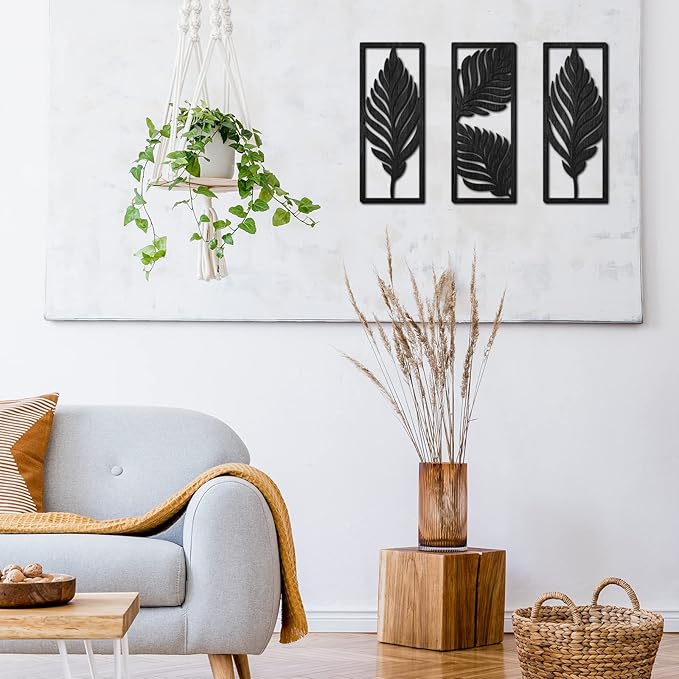 3 Pcs Palm Leaves Wooden Art Wall Decor 14.57 x 5.79 Inch Boho Wood Leaves Plant Wall Accent Vintage Tropical Plant Plaque for Home Bathroom Living Room Bedroom Office Decoration